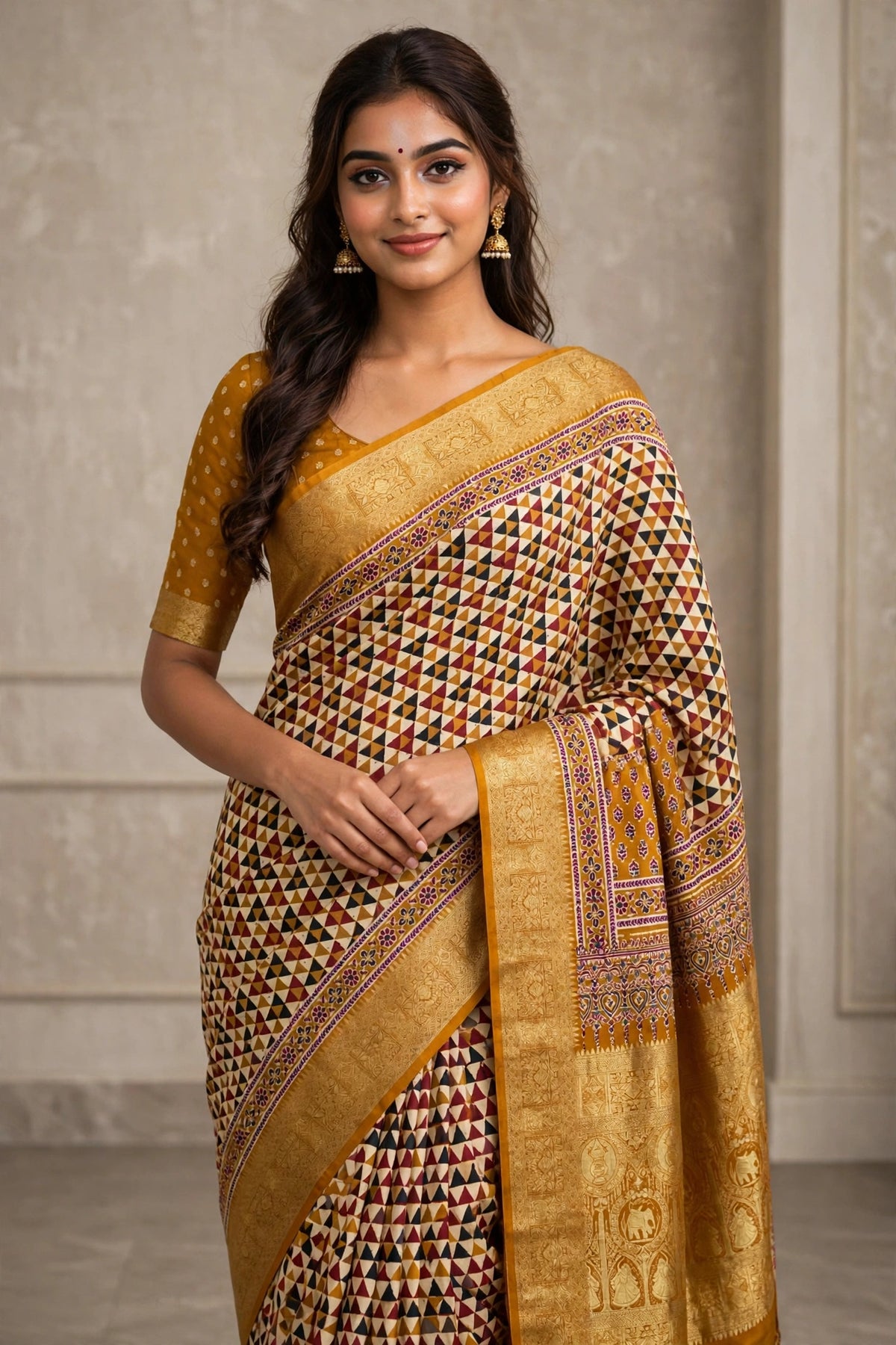 Yellow Ajrak Dola Silk Saree