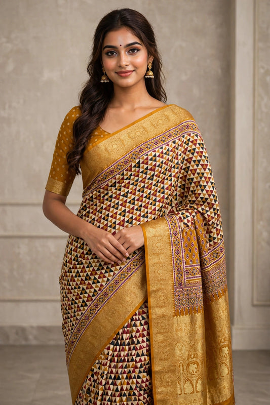 Yellow Ajrak Dola Silk Saree