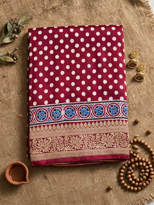 Maroon Ajrak Dola polka dot Silk Saree