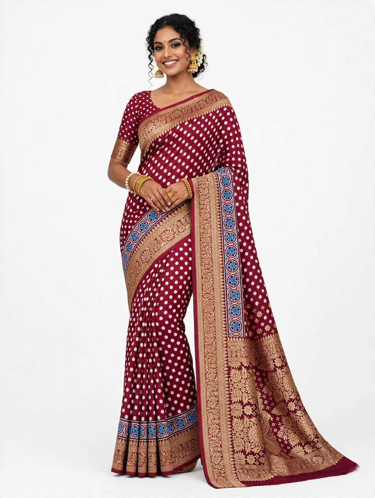 Maroon Ajrak Dola polka dot Silk Saree