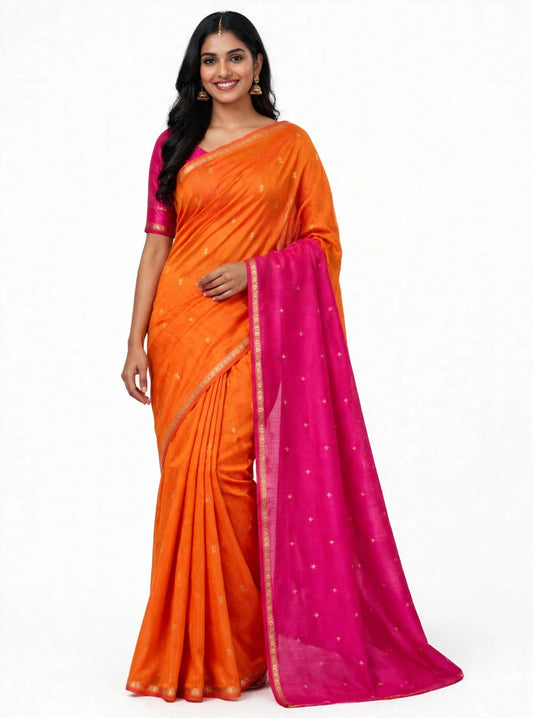 Maheshwari pink orange Handloom Cotton Silk Saree
