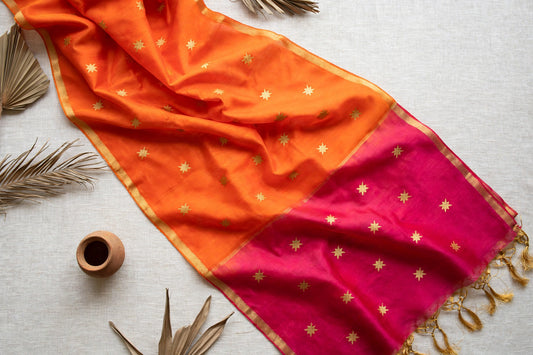 Maheshwari pink orange Handloom Cotton Silk Saree