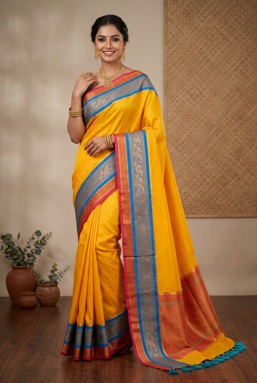Yellow Mul cotton with Kanchi Border