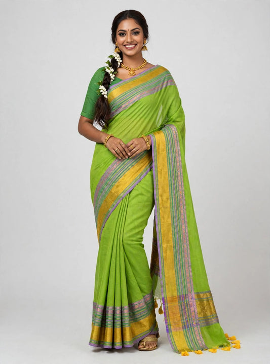 Green Mul Cotton  Kanchi Border Saree