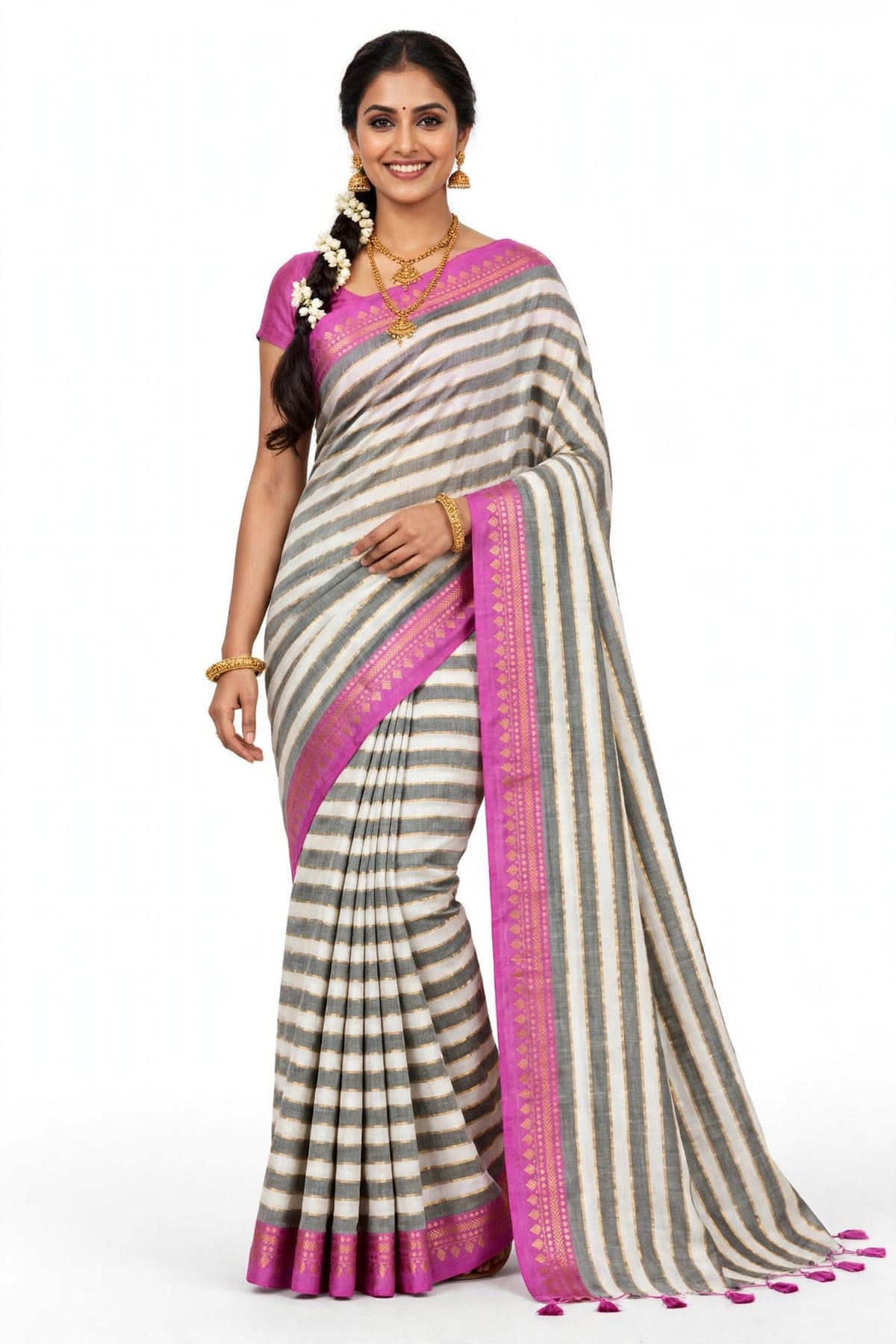 White and Grey Stripes with Pink Border Mul Cotton Saree