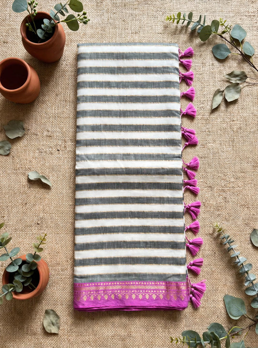 White and Grey Stripes with Pink Border Mul Cotton Saree