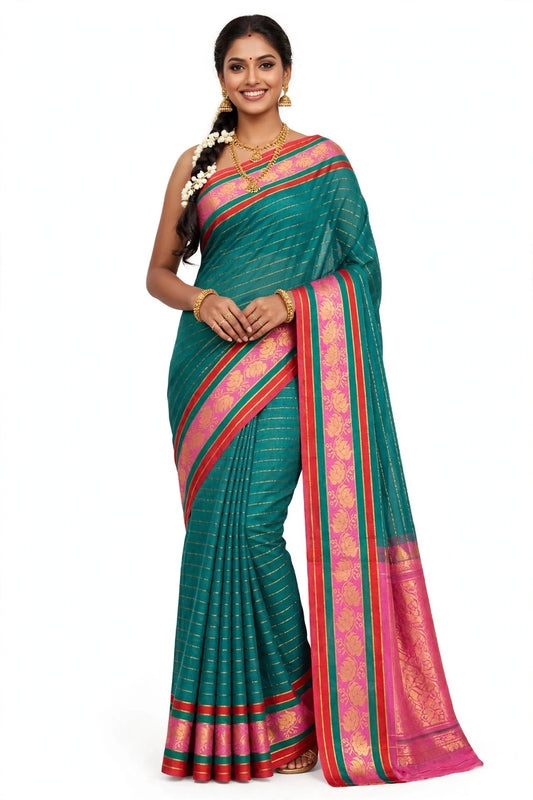 Green stripes mul cotton Sare with pink kanchi Border