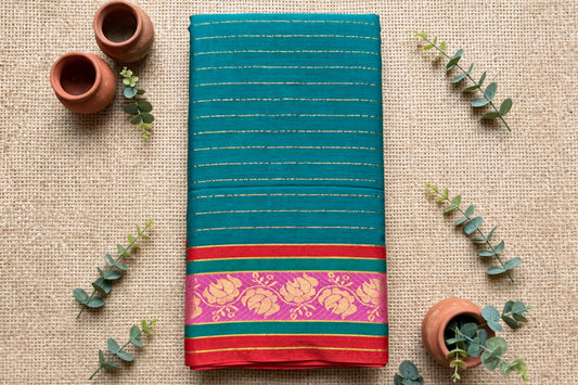 Green stripes mul cotton Sare with pink kanchi Border