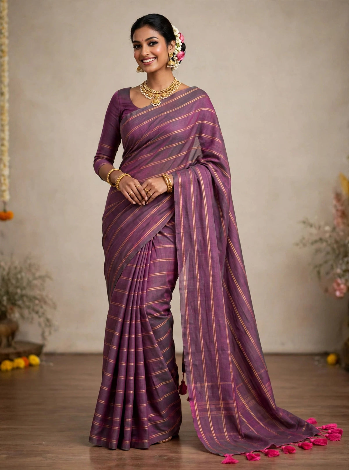 Wine Mul Cotton Saree