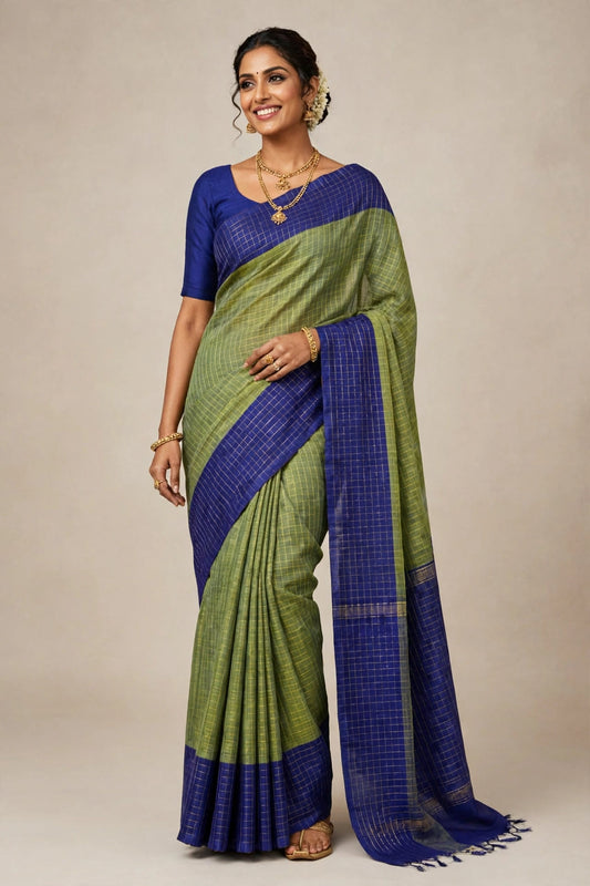 Green Checks Mul Cotton Saree