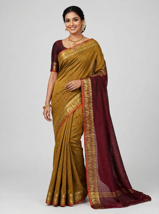 Brown Mul Cotton Saree