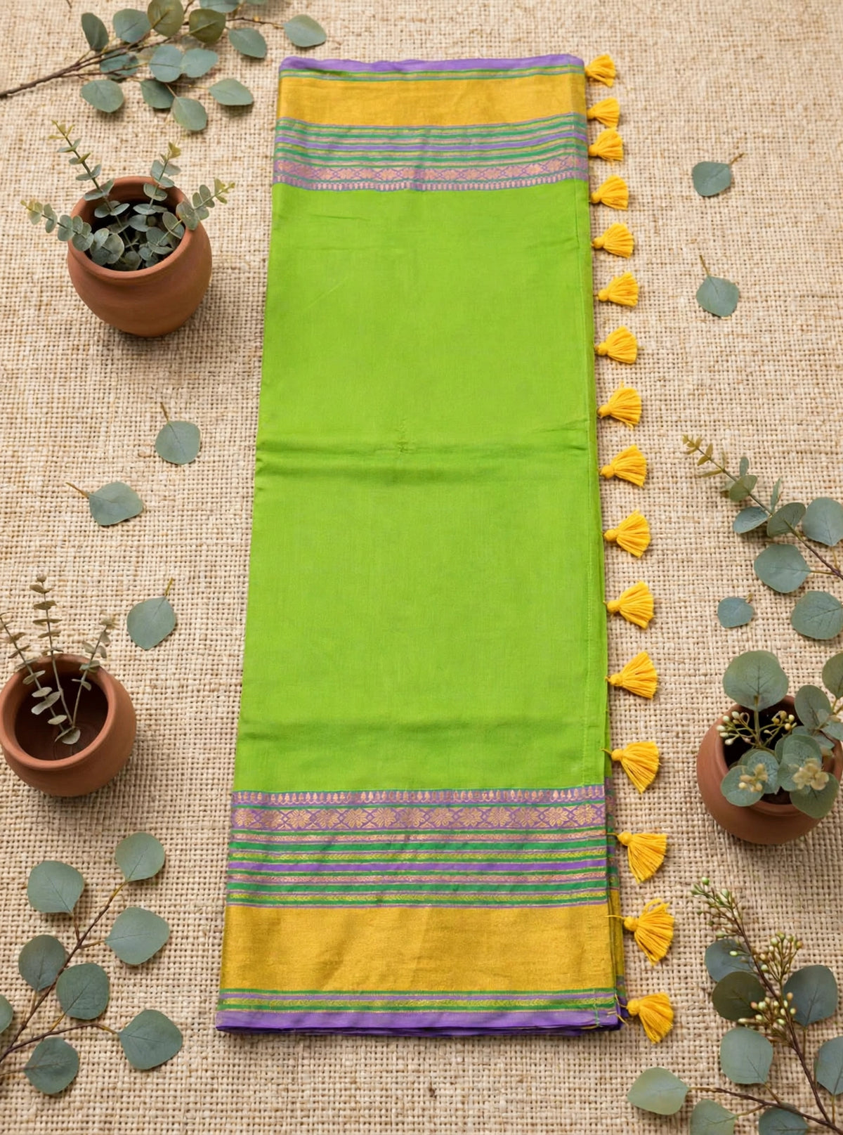 Green Mul Cotton  Kanchi Border Saree