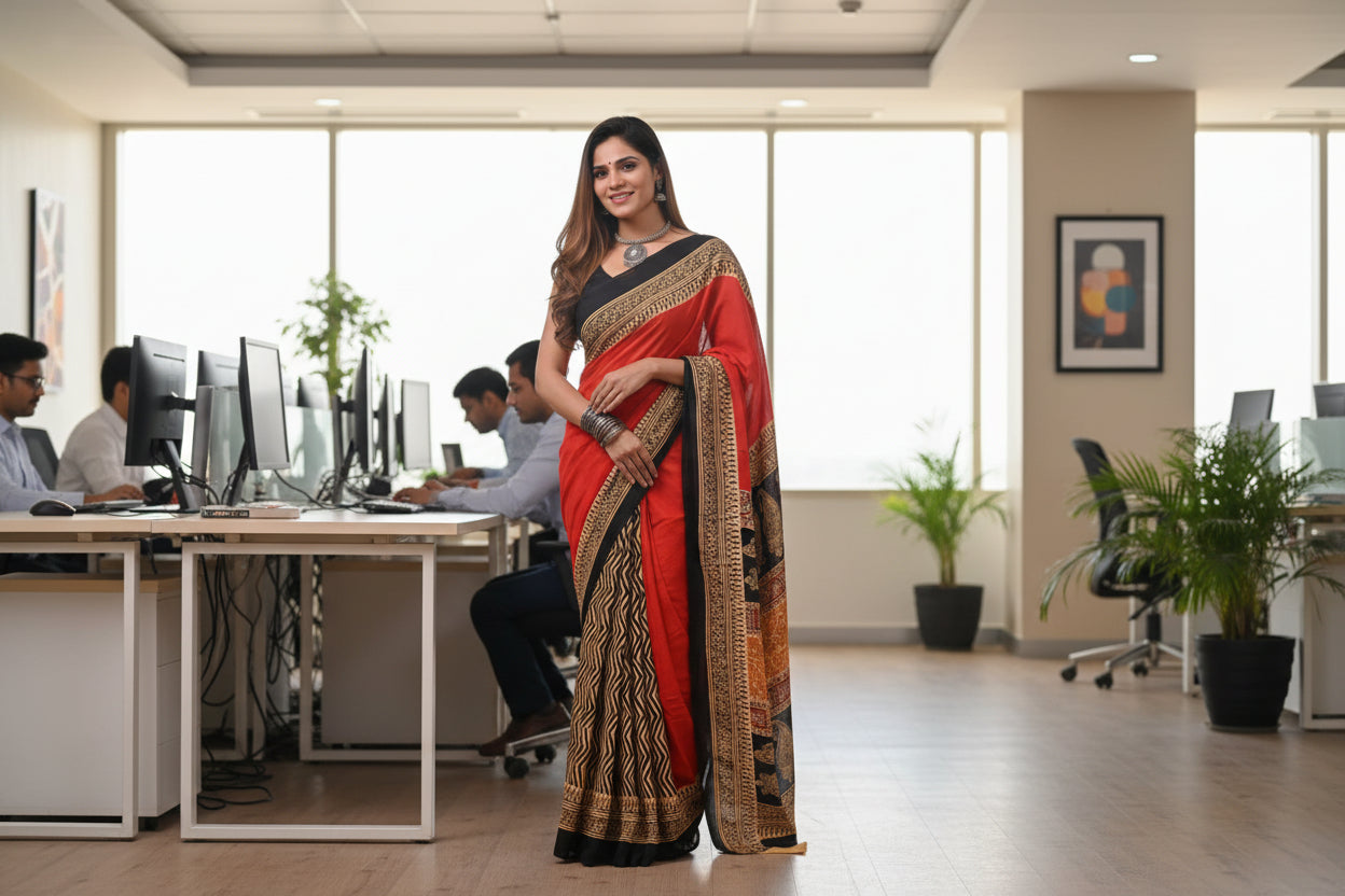 Red and black beige cotton hand block printed saree