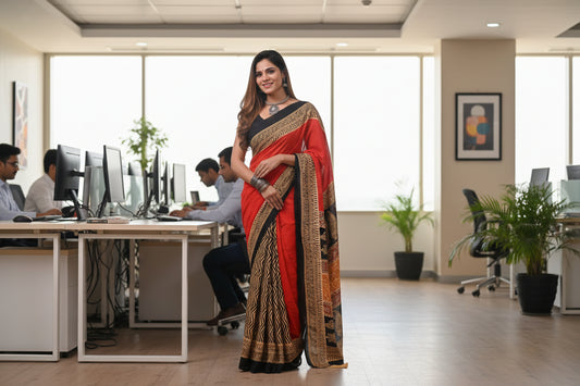 Red and black beige cotton hand block printed saree