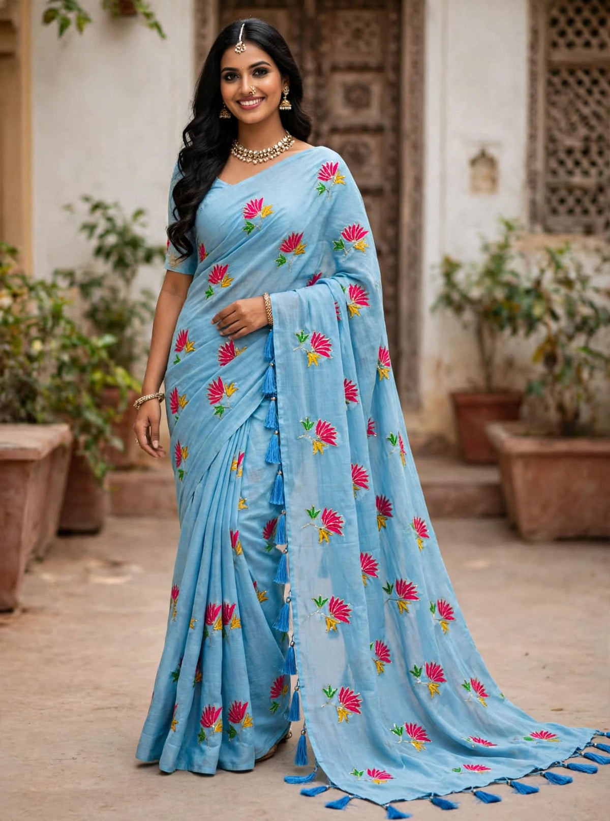 Blue Mul Cotton Sare with Lotus Sequence Motive