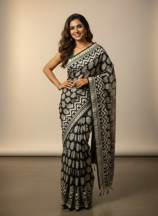 Black ad beige mul cotton  Handloom saree