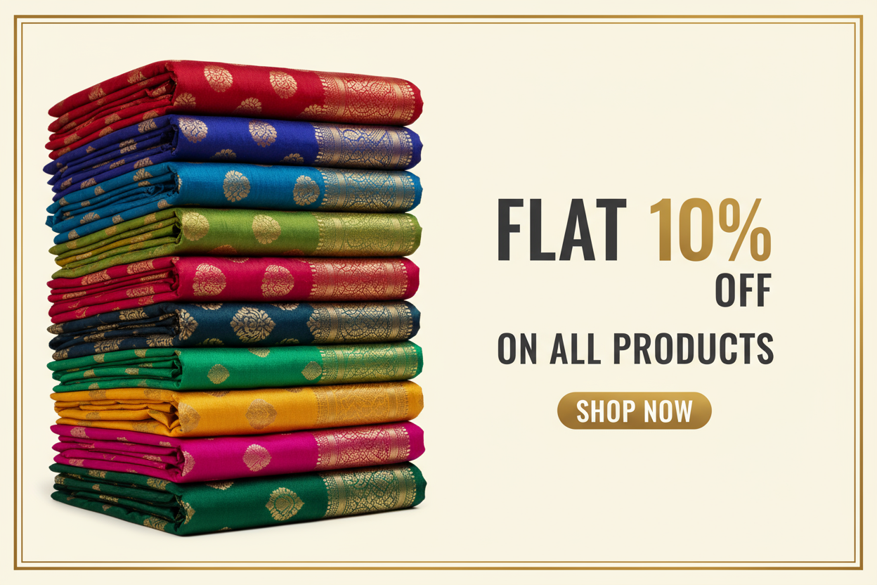 gennerate a banner saying 1flat 10% off on all the products with the picture of sarees stacked one side and words other side