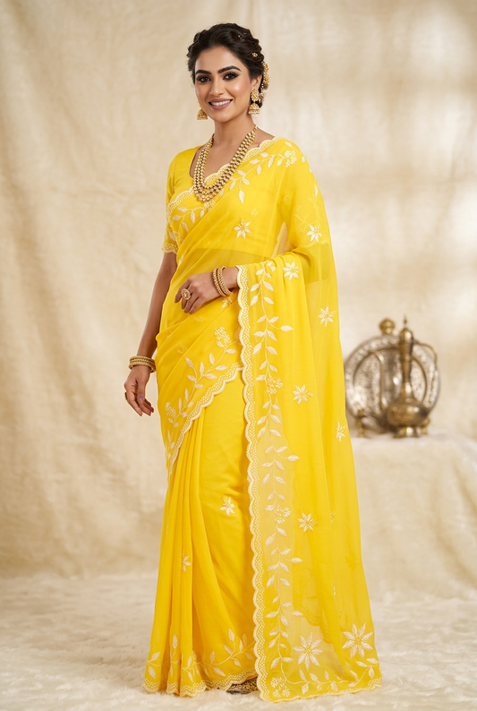Enhanced Yellow Embroidered Saree Image 2