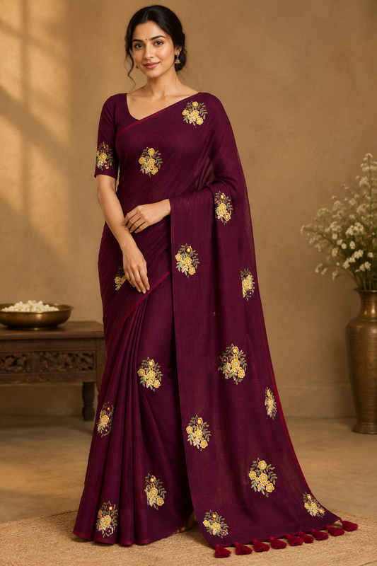 Wine Mul Cotton Saree