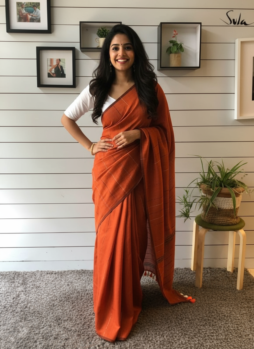 Brick red Handloom Cotton saree