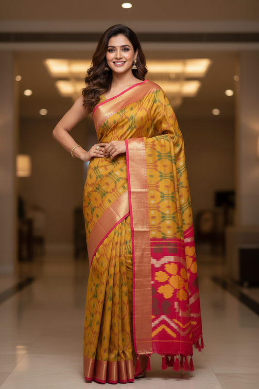 Yellow Ikkat Print Saree